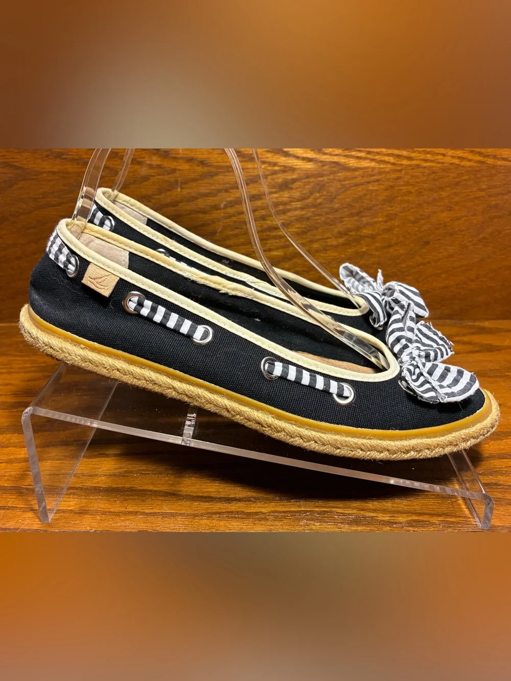 Sperry Striped Bow Canvas Espadrille Boat Flats Navy Size 8